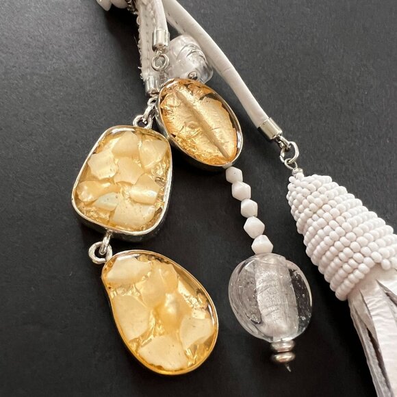 Chico's Abigail Tassel Necklace Mixed Beads Leather Cord Adjustable Chain Lariat - Picture 11 of 14